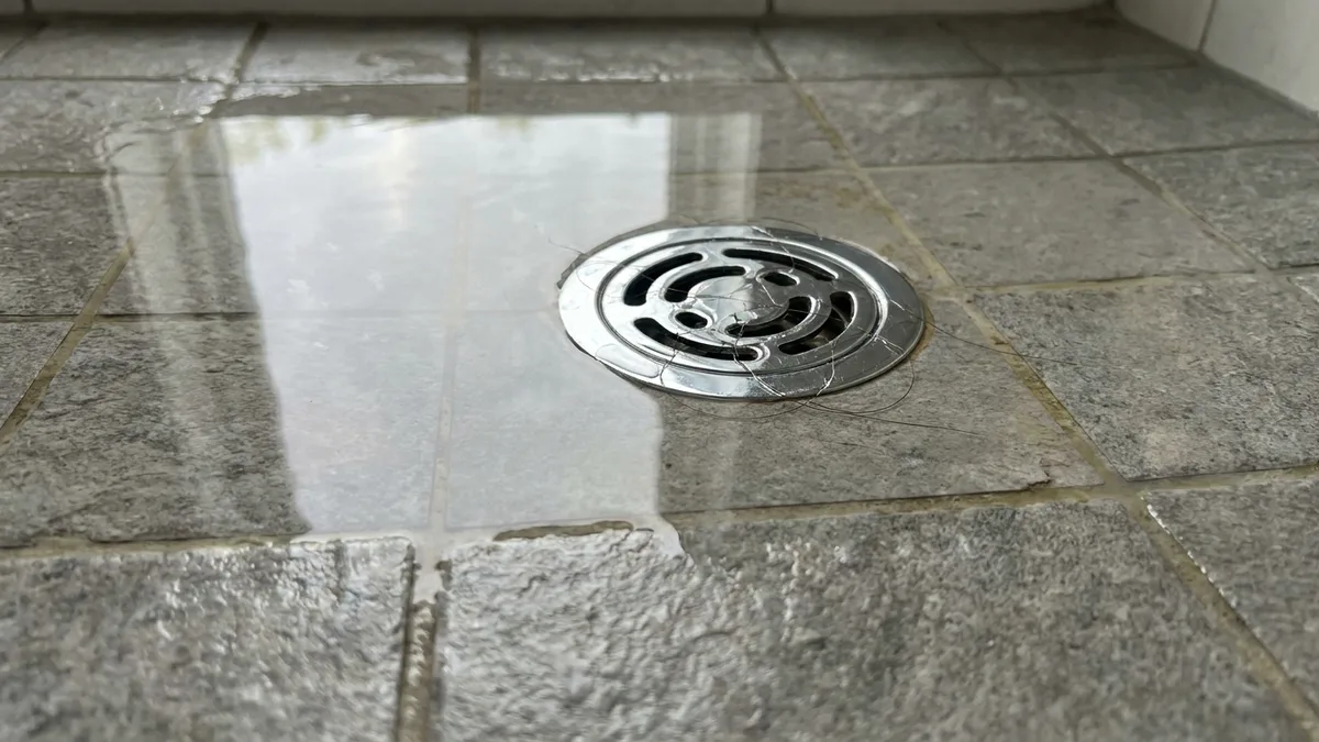 Water pooling around a chrome grate in a tiled shower, a sign of a blocked shower drain