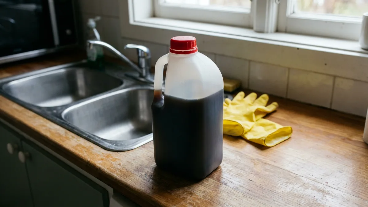 A bottle of caustic chemical drain cleaner and rubber gloves beside a kitchen sink