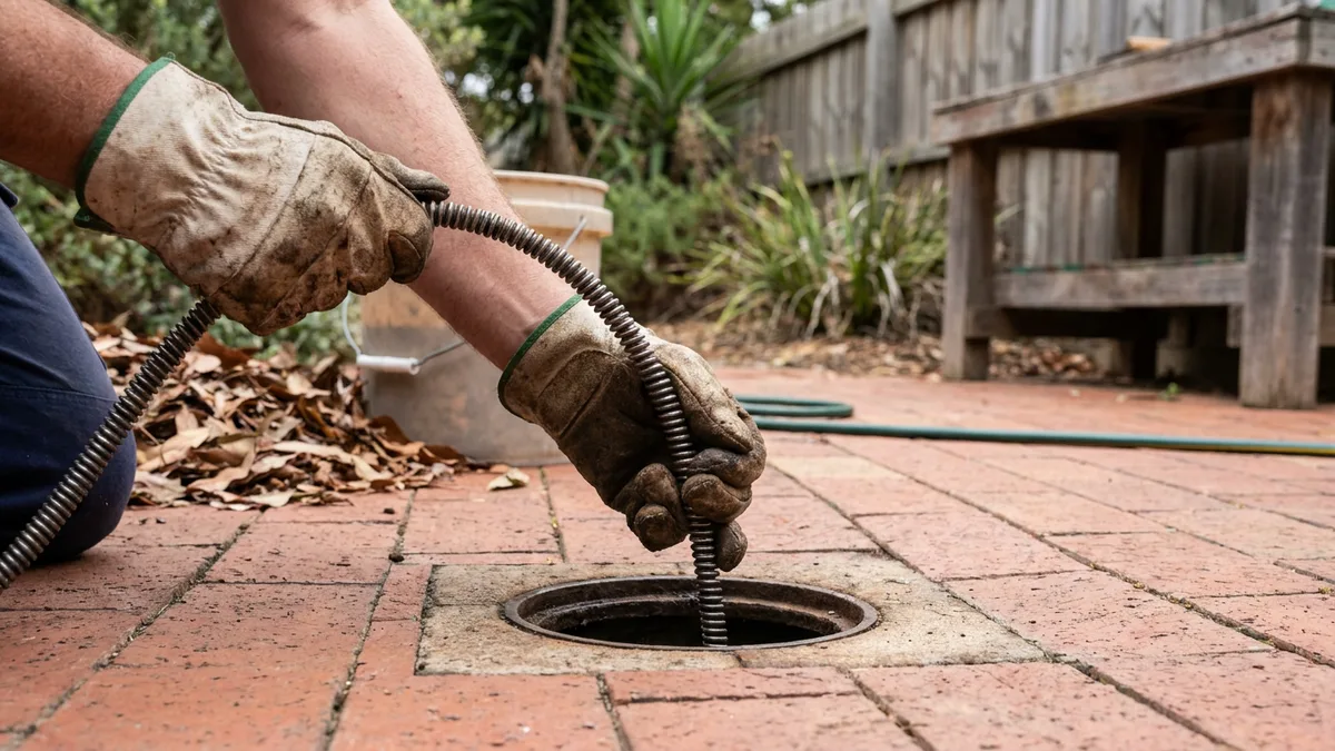 Gloved hands feeding a drain snake into an outdoor drain to clear a blocked drain in a Newcastle backyard