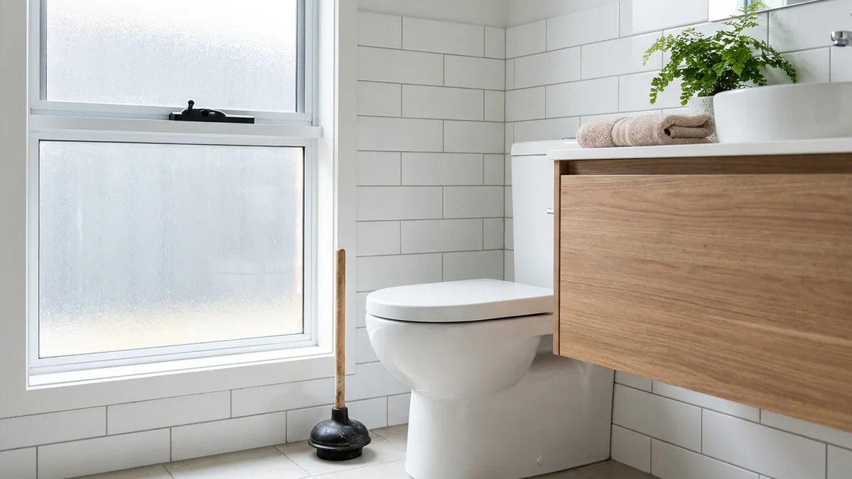 A plunger beside a clean white toilet in a Newcastle bathroom, ready to unblock a toilet