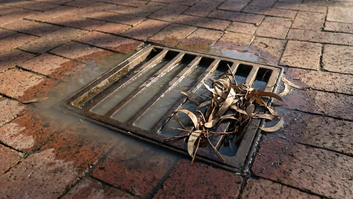 Blocked stormwater drain in a Newcastle backyard, water pooling around a leaf-clogged gully grate
