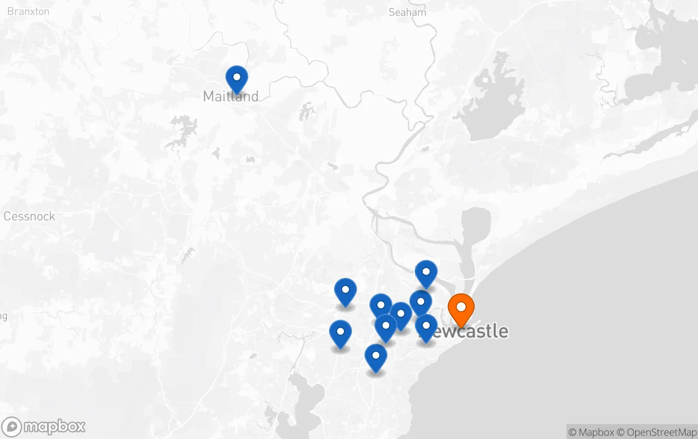 Map of Newcastle and the Hunter showing the suburbs serviced by Newcastle Blocked Drains